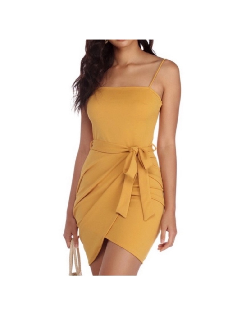 Windsor Asymmetrical Knot Wrap Evening Mini Dress Yellow Mustard Small